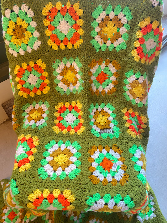 【1970s USA vintage】グラニーブランケット グラニースクエア マルチカバー 緑