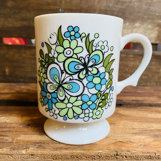 【1970s vintage】マグカップ 蝶と花 ブルー