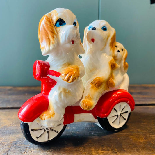 【vintage】犬とバイク ソルト&ペッパー 日本製 レトロ 陶器 置物