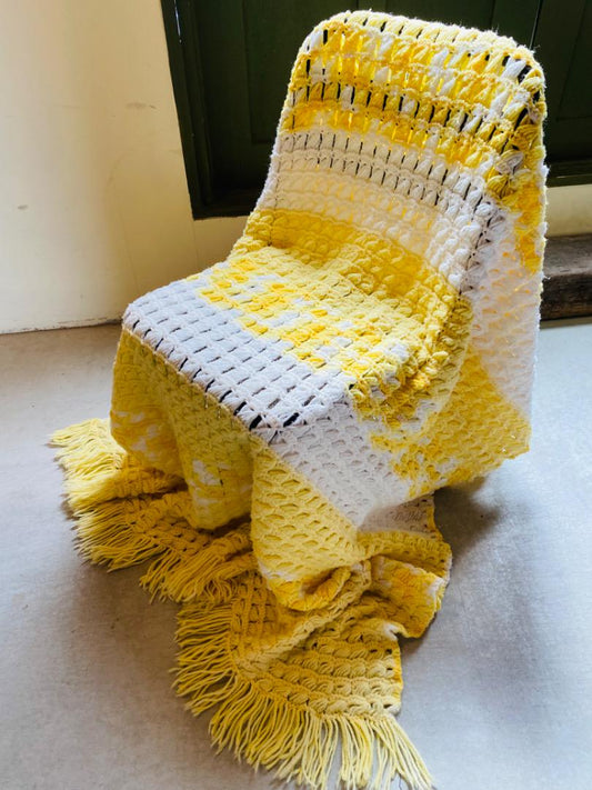 【1970s USA vintage】グラニーブランケット パステルイエロー×ホワイト