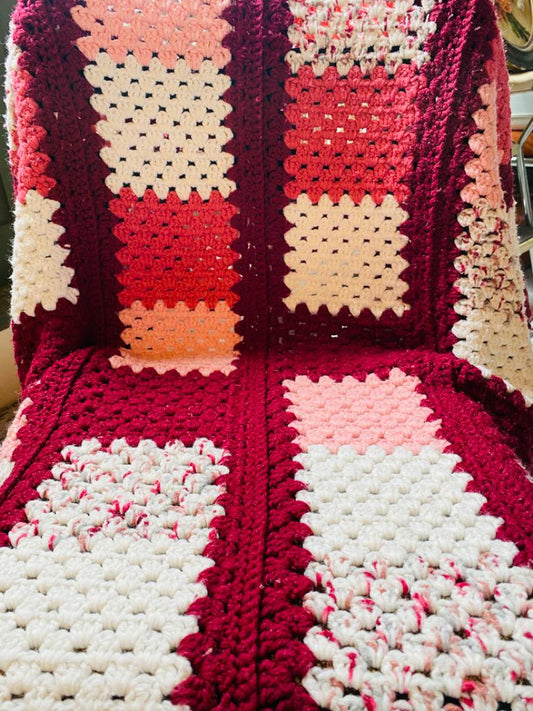 【1970s USA vintage】グラニーブランケット ピンク×ボルドー×ホワイト