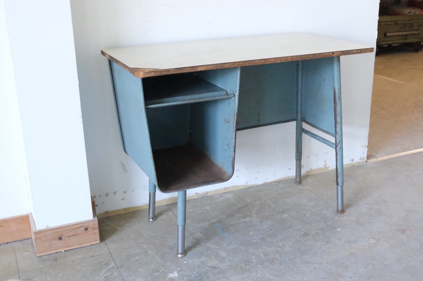 【USA vintage】ビンテージデスク ブルー 作業台 片袖机 学習机