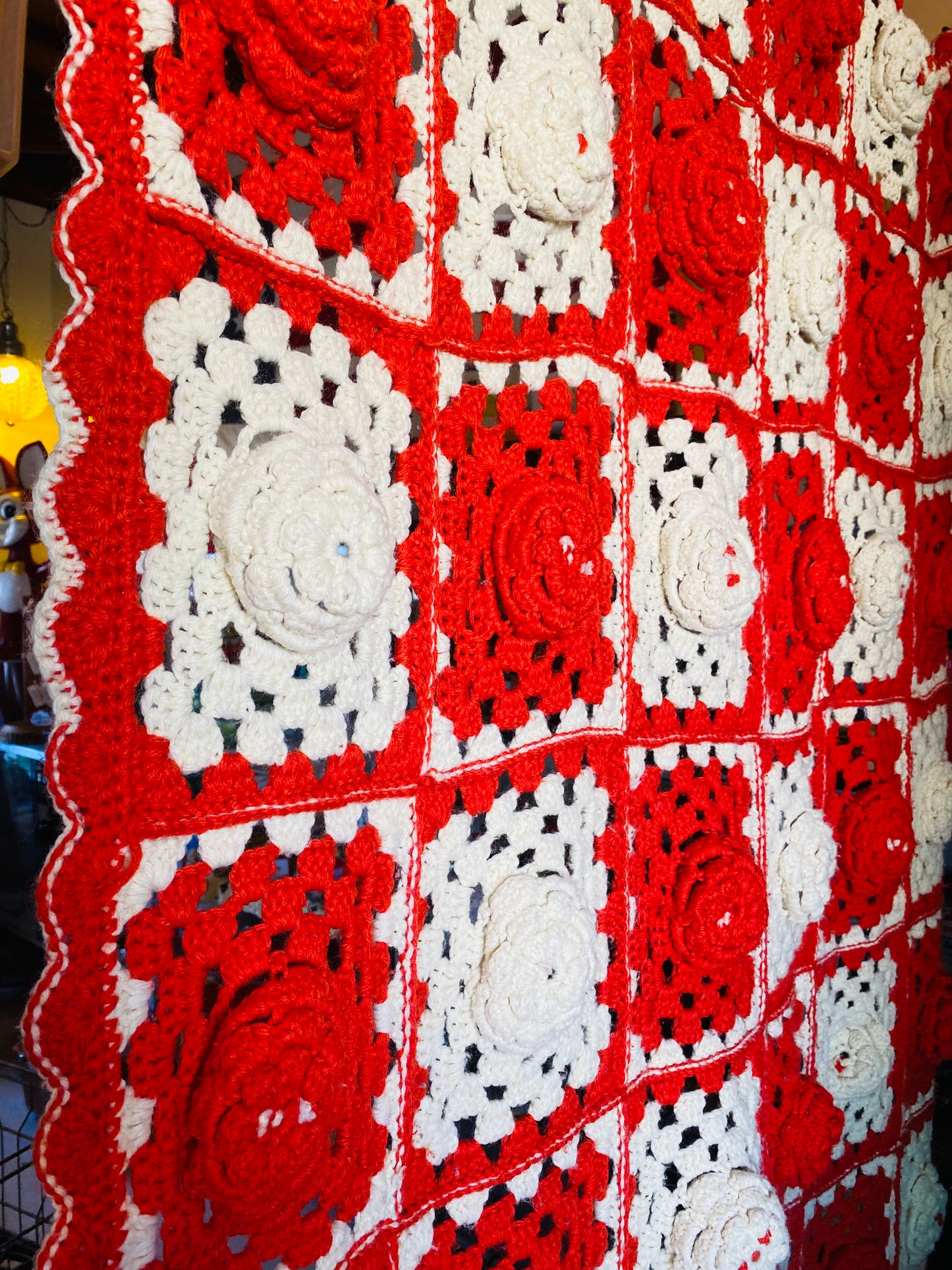 【1970s USA vintage】グラニーブランケット ホワイト×レッド