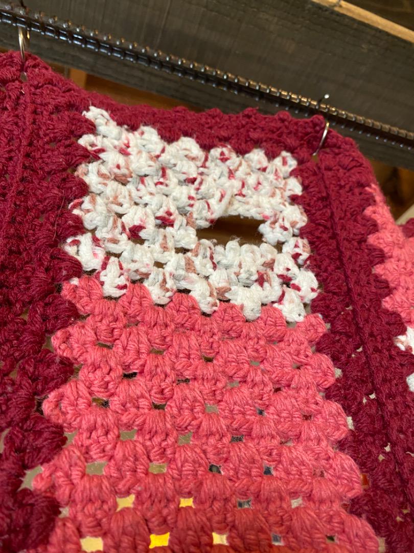 【1970s USA vintage】グラニーブランケット ピンク×ボルドー×ホワイト