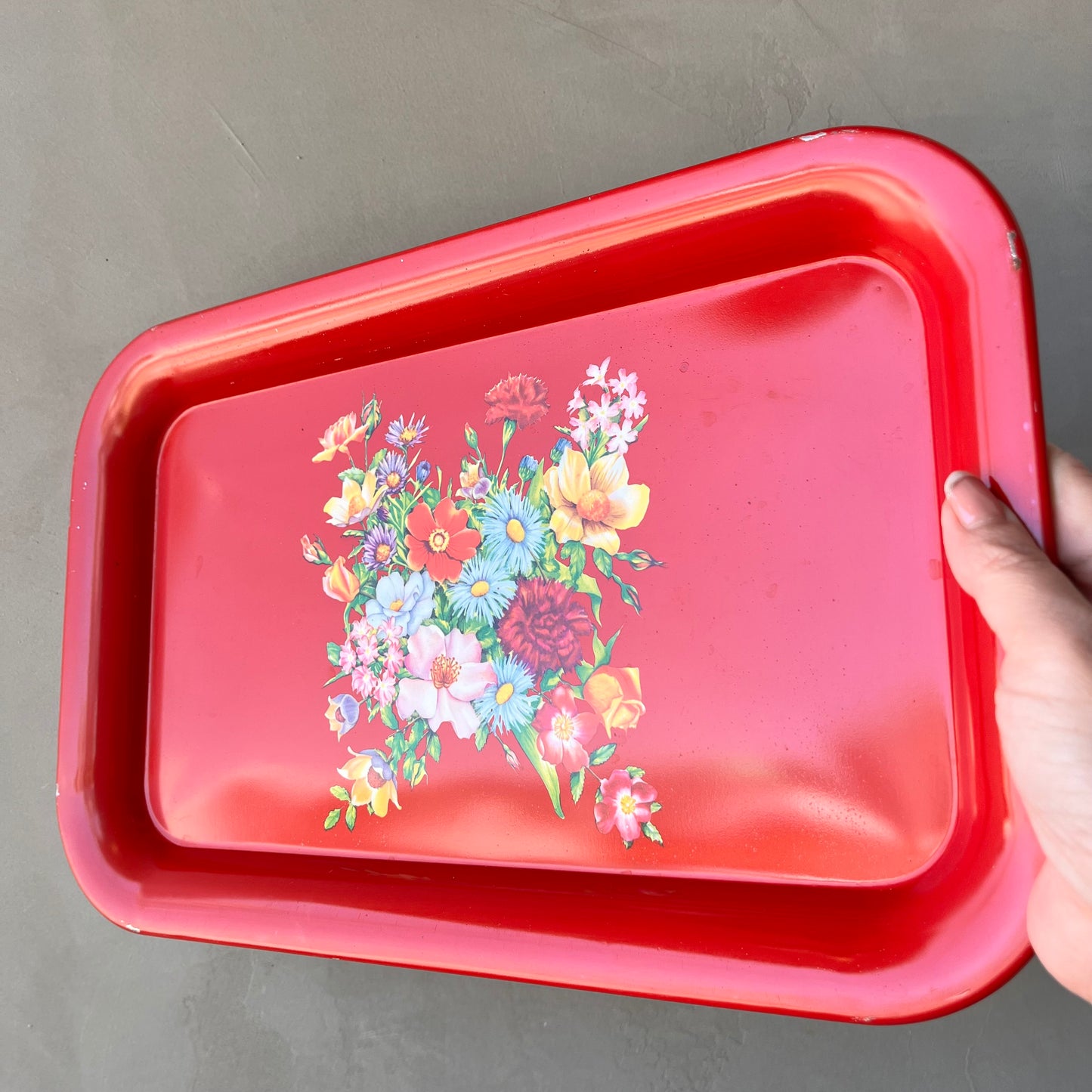 【1950s vintage】Red Floral Serving Tray