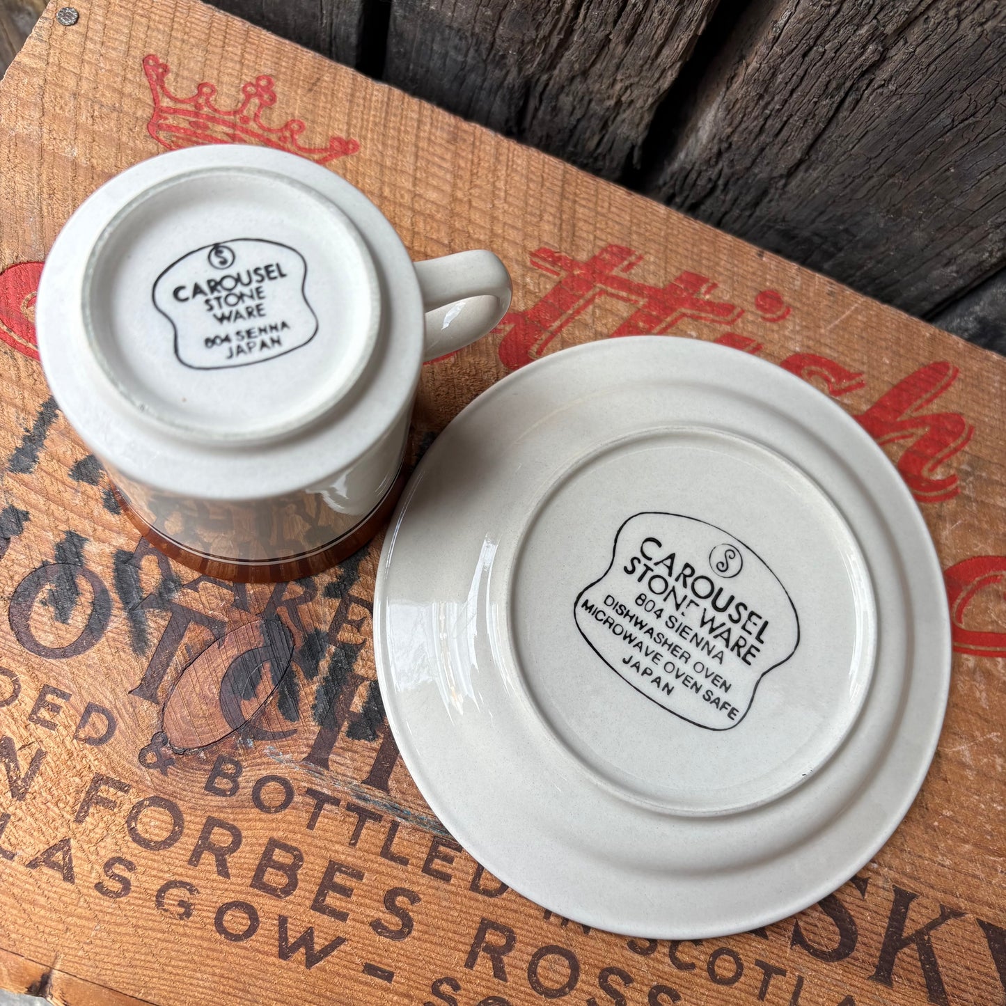 【1970s JAPAN vintage】CAROUSEL STONE WARE Brown Stripe Mug & Saucer