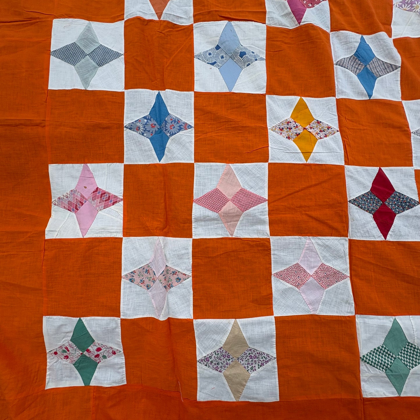 【1960s USA vintage】Orange Patchwork Quilt Top Fabric