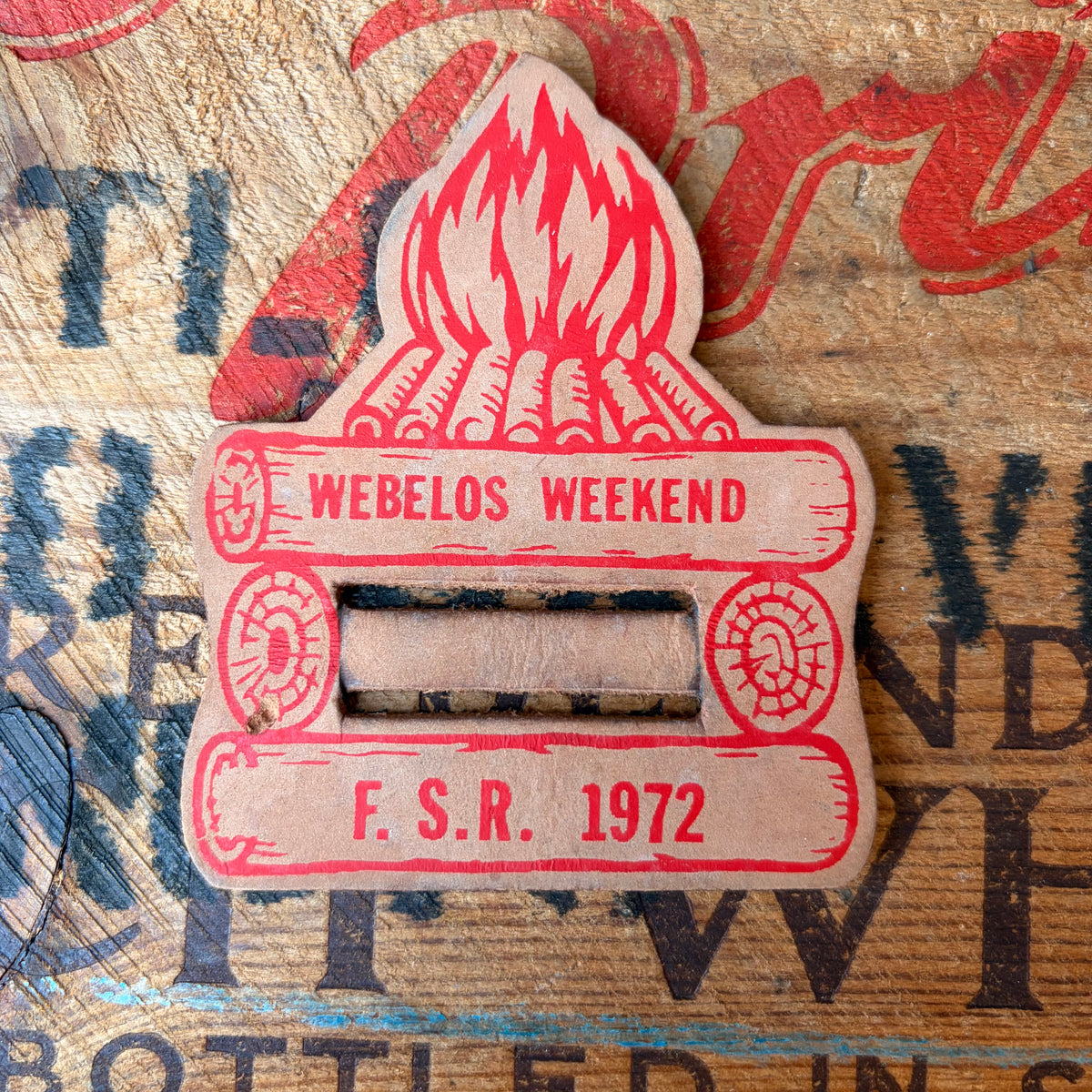 【1970s USA vintage】WEBELOS WEEKEND F.S.R. 1972 Leather Neckerchief Slide