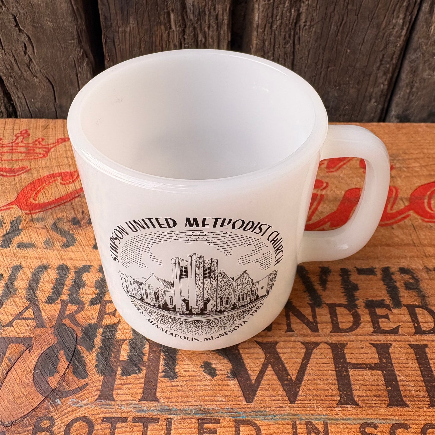 【1982 USA vintage】SIMSPON UNITED METHODIST CHURCH Glassbake Milk Glass Mug