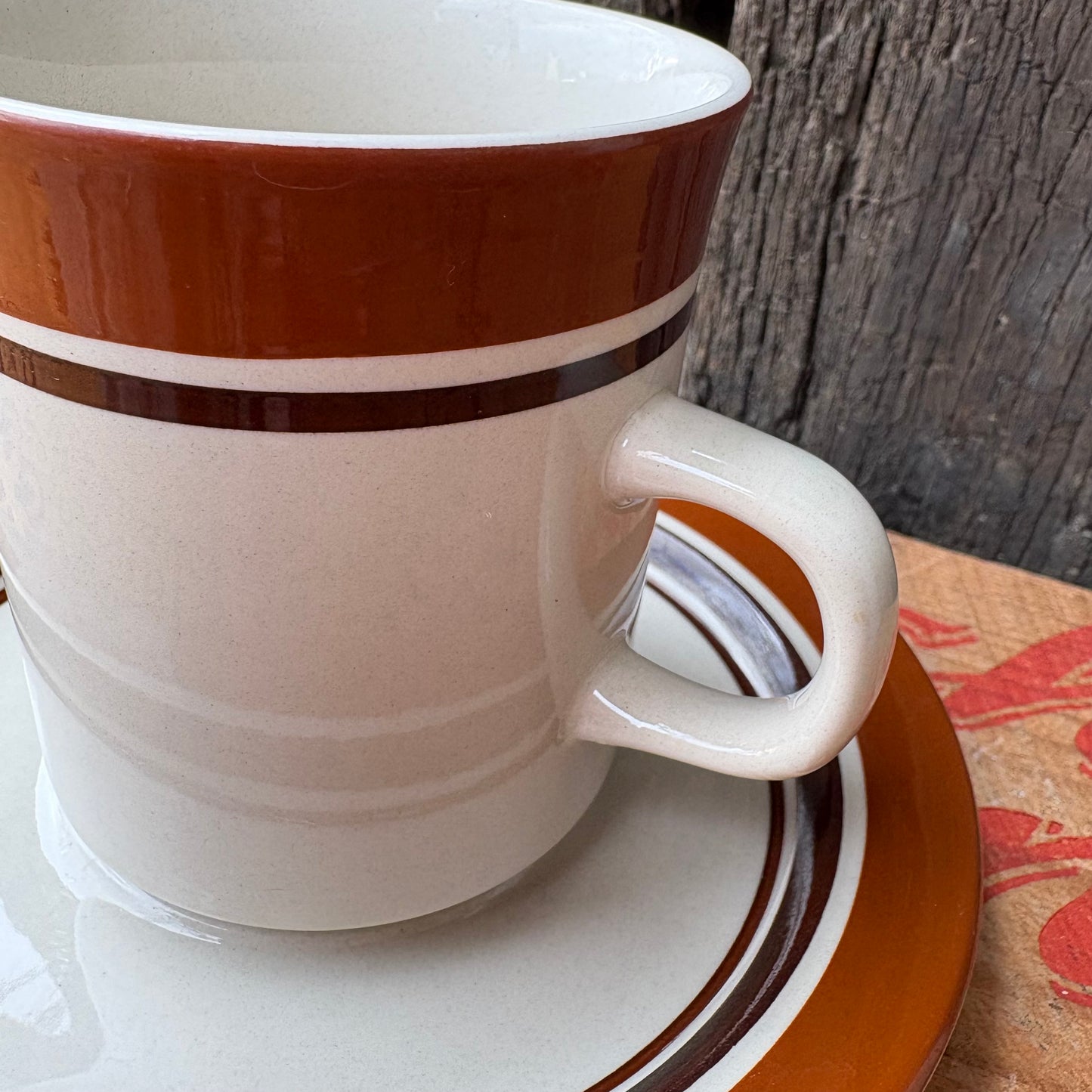 【1970s JAPAN vintage】CAROUSEL STONE WARE Brown Stripe Mug & Saucer