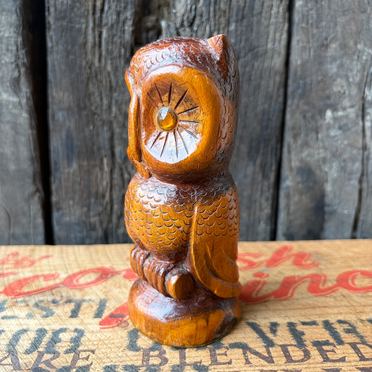 【USA vintage】Hand Carved Wooden Owl Figurine