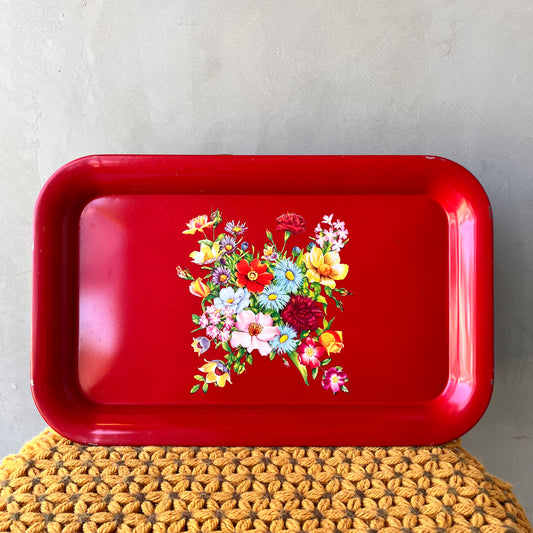 【1950s vintage】Red Floral Serving Tray