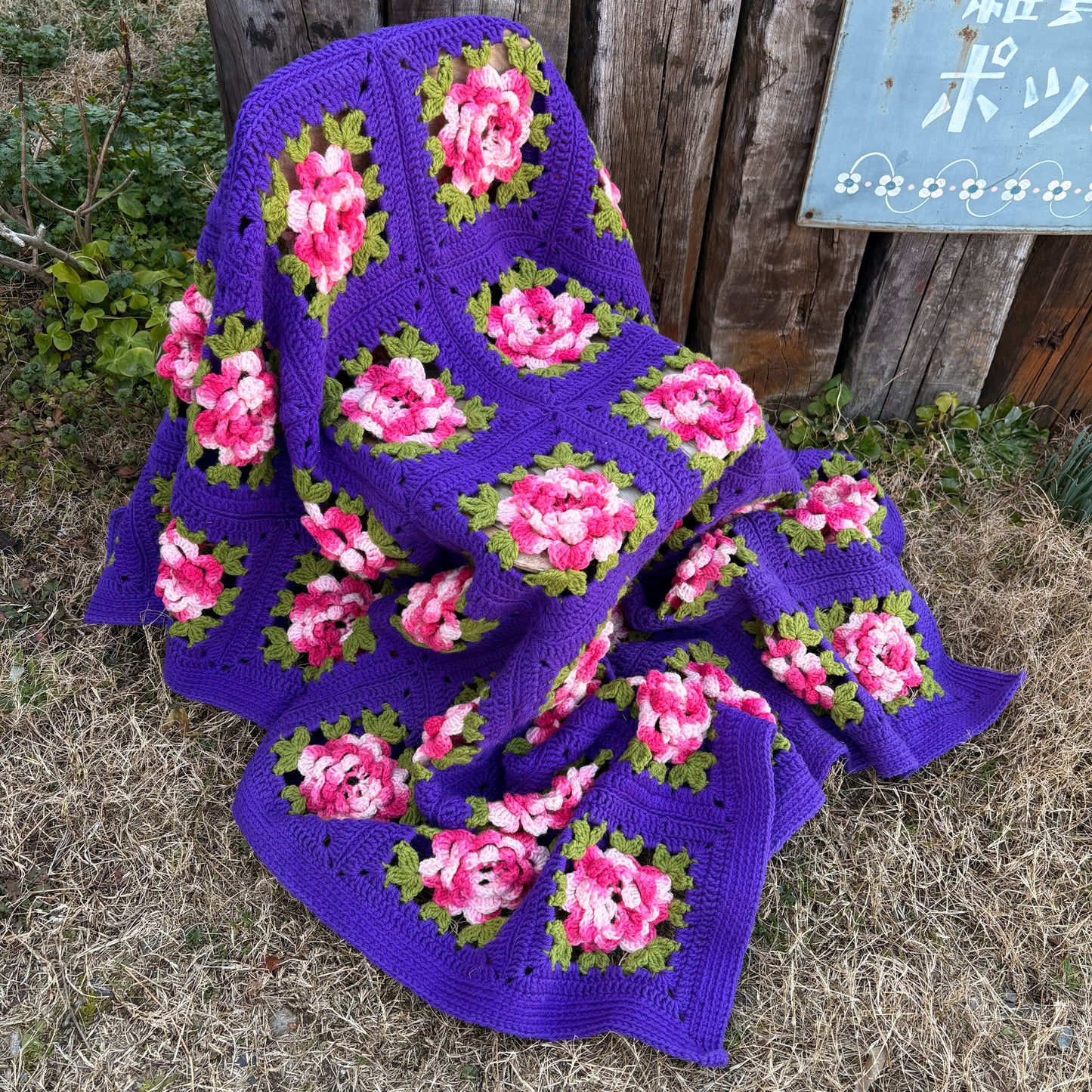 【USA vintage】Rose Granny Square Blanket