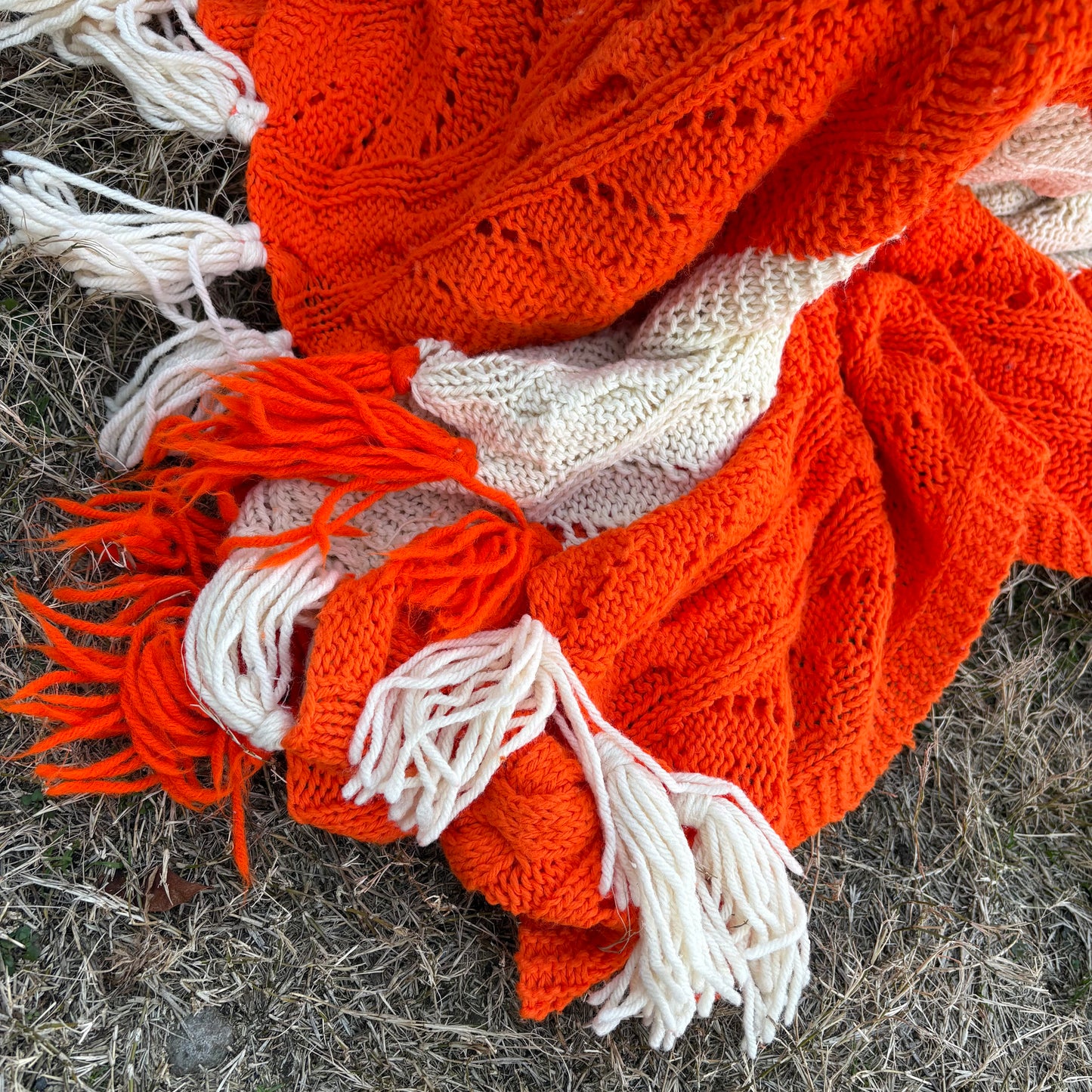 【USA vintage】granny blanket Orange & Ivory Knit