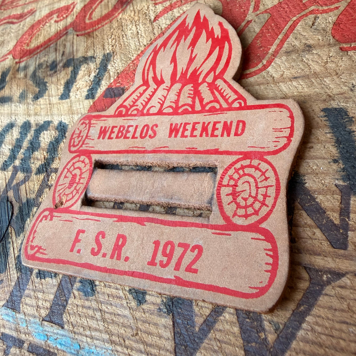 【1970s USA vintage】WEBELOS WEEKEND F.S.R. 1972 Leather Neckerchief Slide