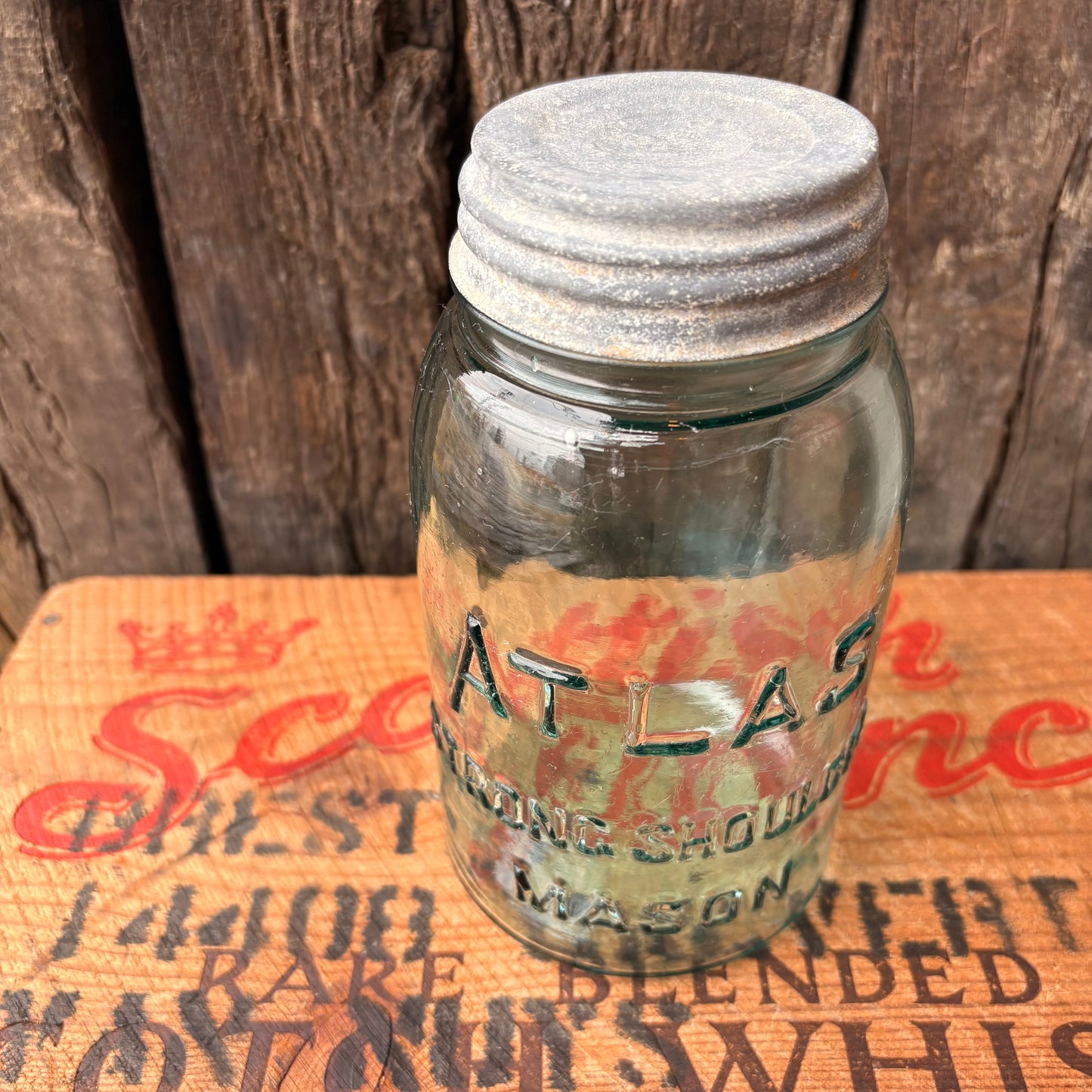 【1910s-1930s USA vintage】Hazel-Atlas ATLAS Strong Shoulder MASON Jar Glass Bottle