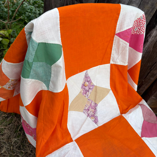 【1960s USA vintage】Orange Patchwork Quilt Top Fabric