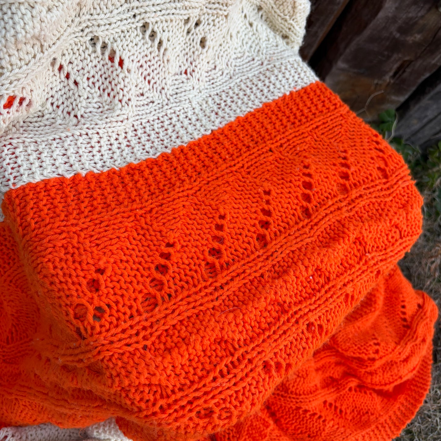 【USA vintage】granny blanket Orange & Ivory Knit