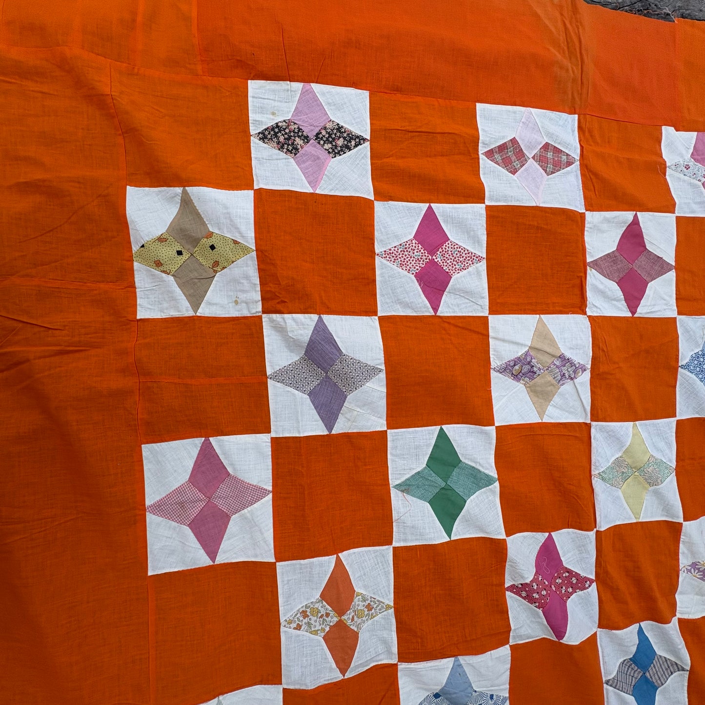【1960s USA vintage】Orange Patchwork Quilt Top Fabric