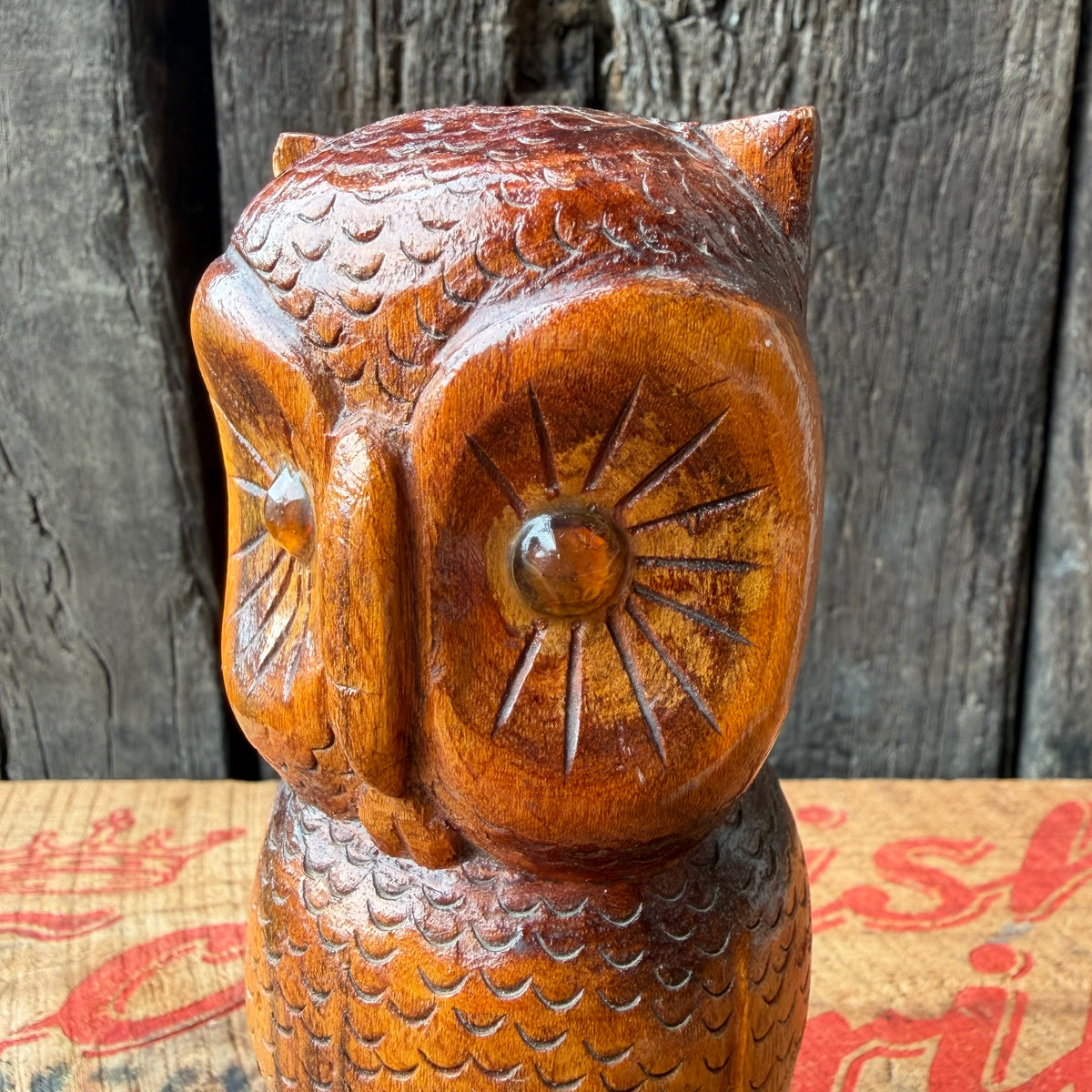 【USA vintage】Hand Carved Wooden Owl Figurine