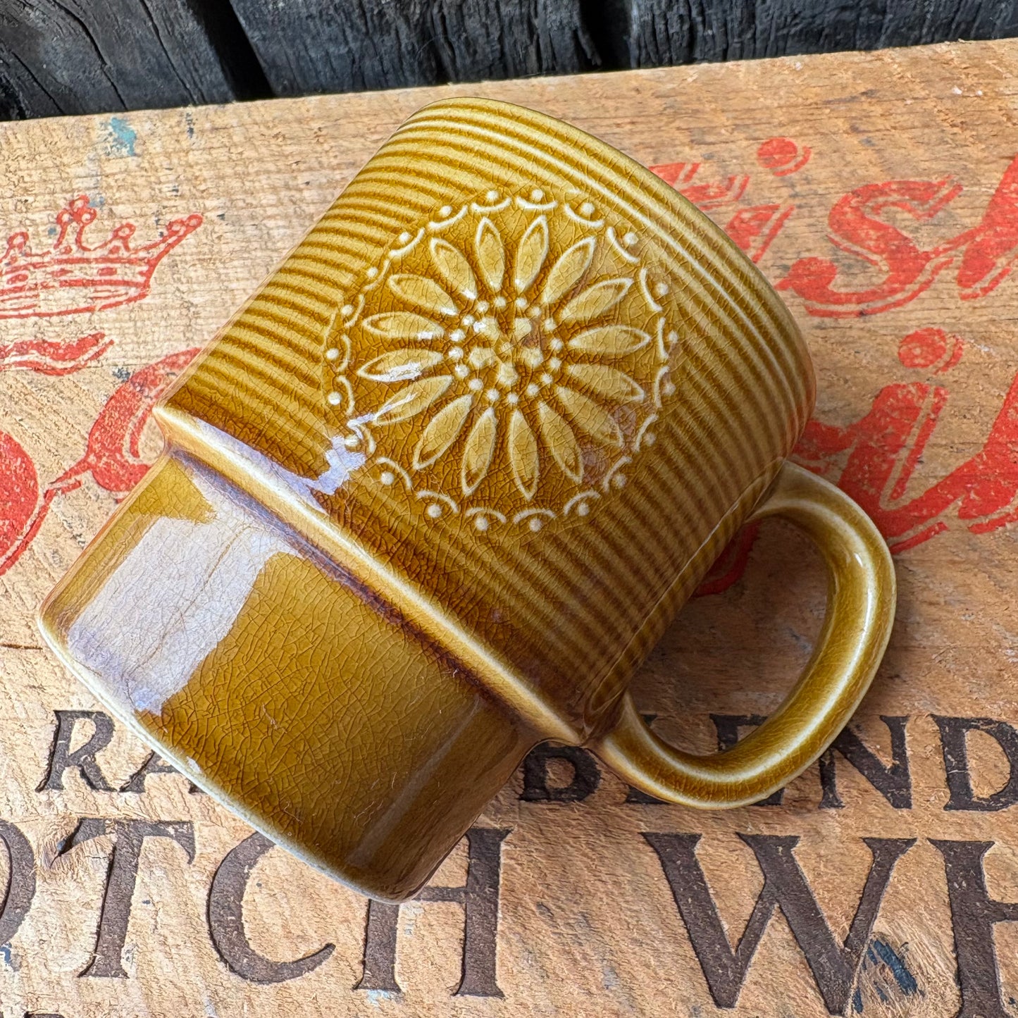 【1970s vintage】JAPAN stacking mug camel brown flower