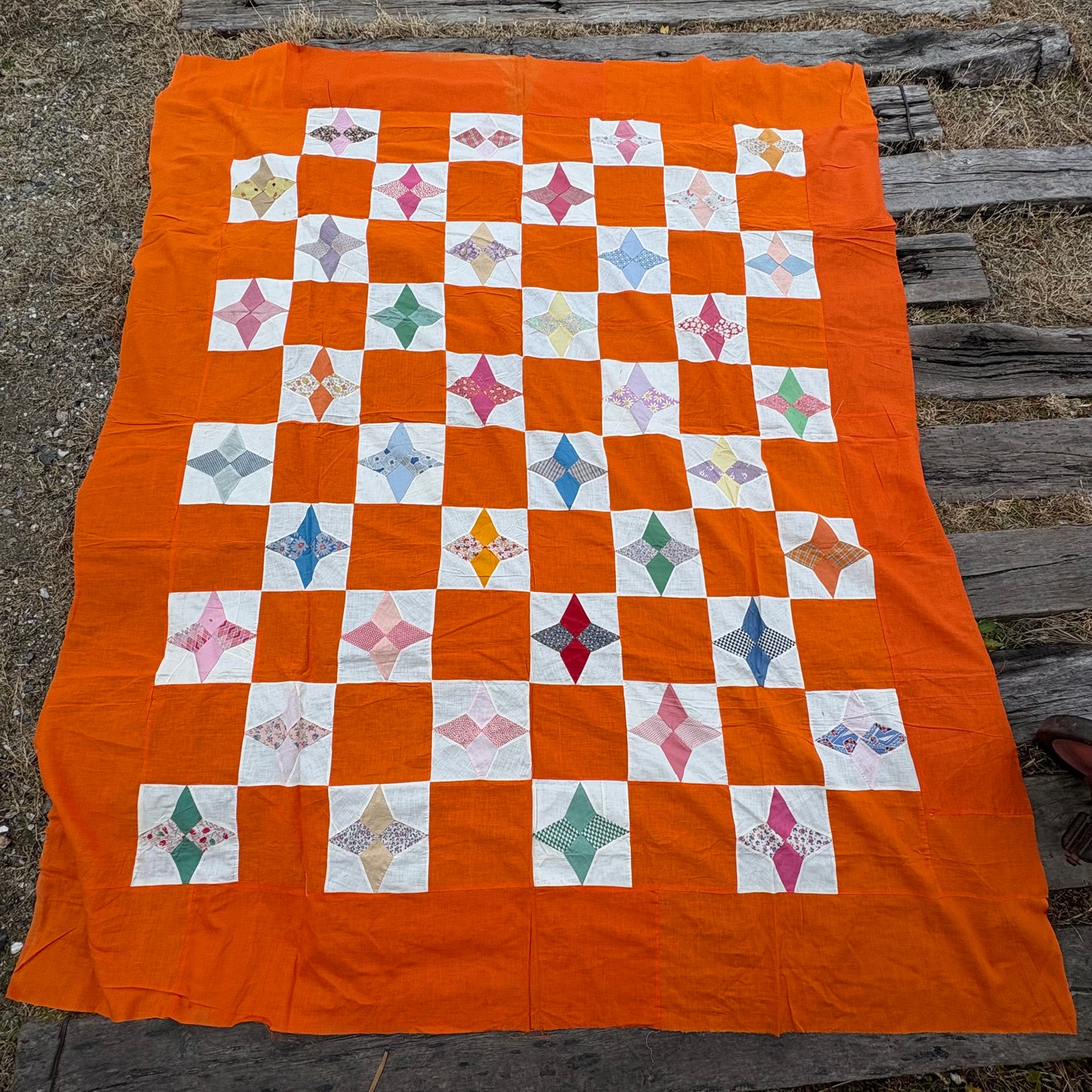 【1960s USA vintage】Orange Patchwork Quilt Top Fabric