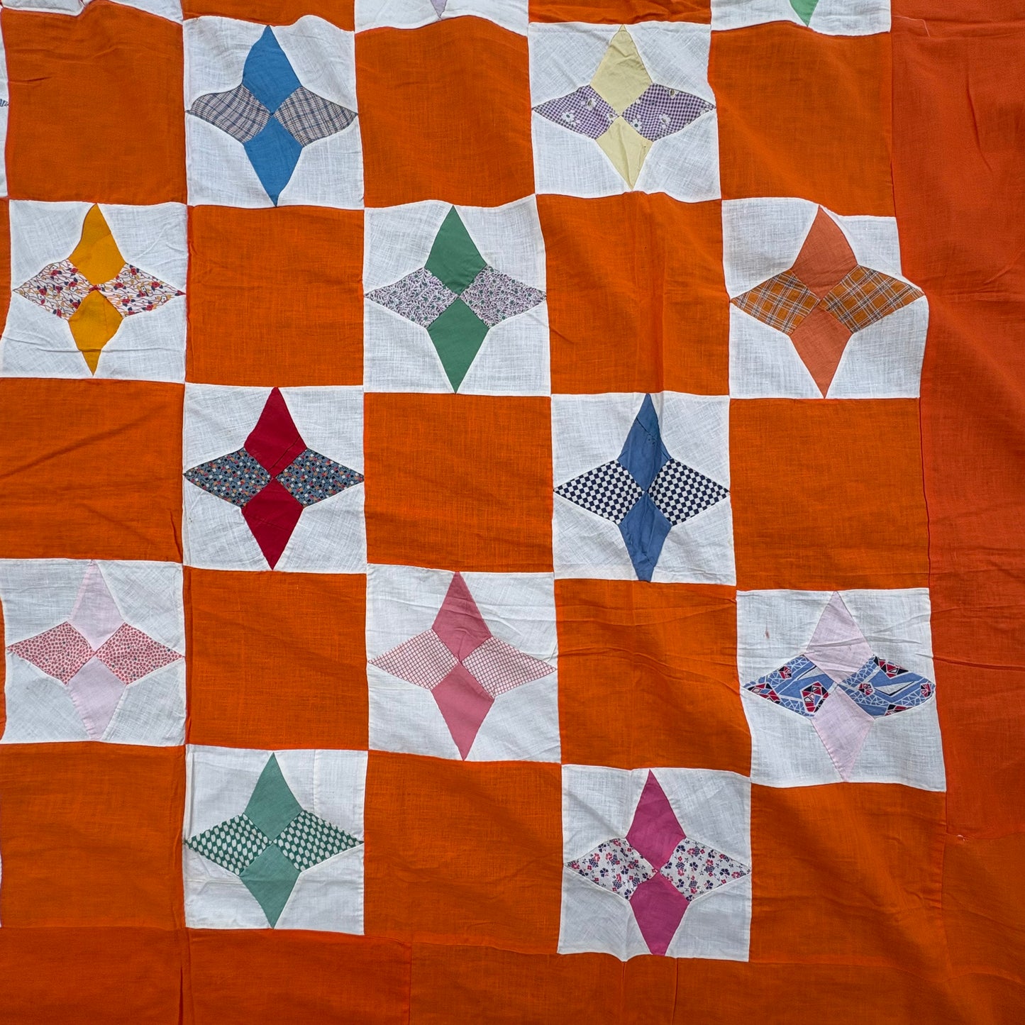 【1960s USA vintage】Orange Patchwork Quilt Top Fabric