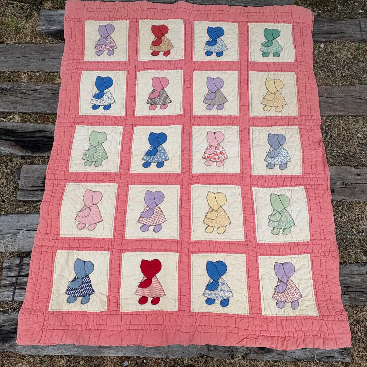 【1920s-1930s USA vintage】Sunbonnet Sue Feed Sack Quilt