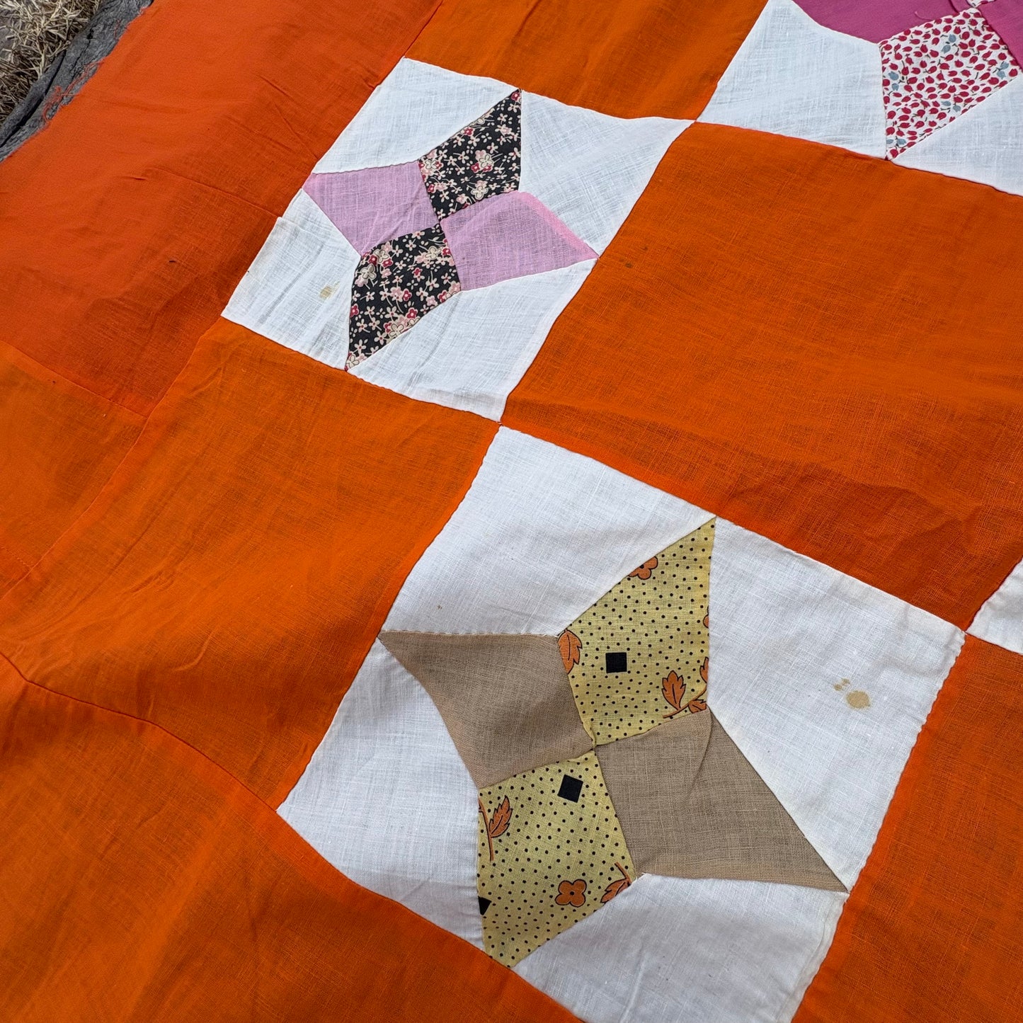 【1960s USA vintage】Orange Patchwork Quilt Top Fabric