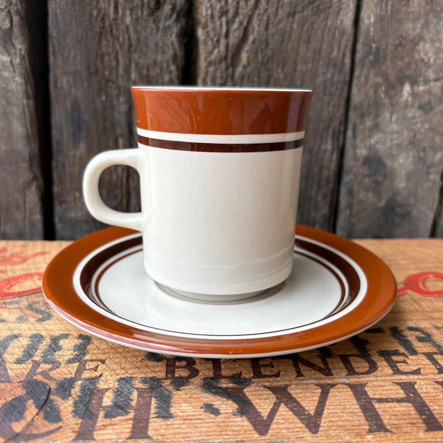【1970s JAPAN vintage】CAROUSEL STONE WARE Brown Stripe Mug & Saucer