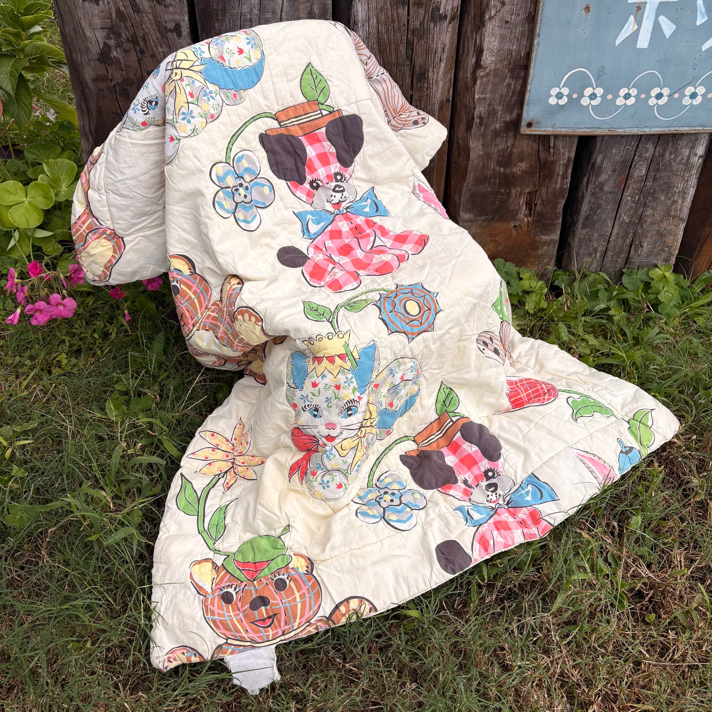 【1960s USA vintage】Nursery Animal Quilt Blanket