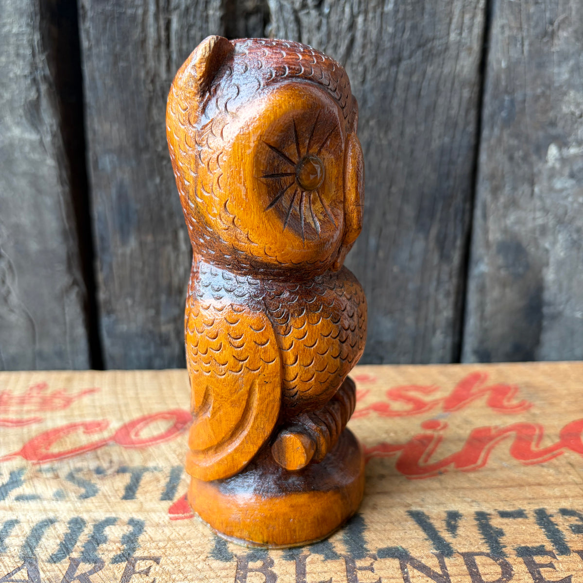 【USA vintage】Hand Carved Wooden Owl Figurine