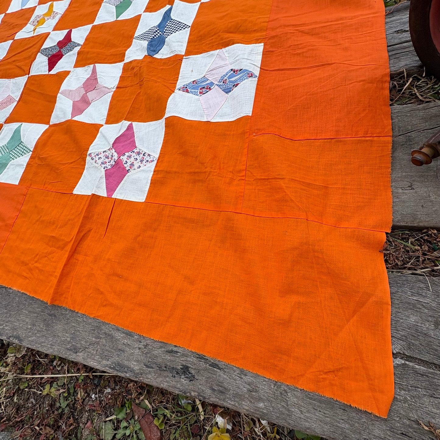 【1960s USA vintage】Orange Patchwork Quilt Top Fabric