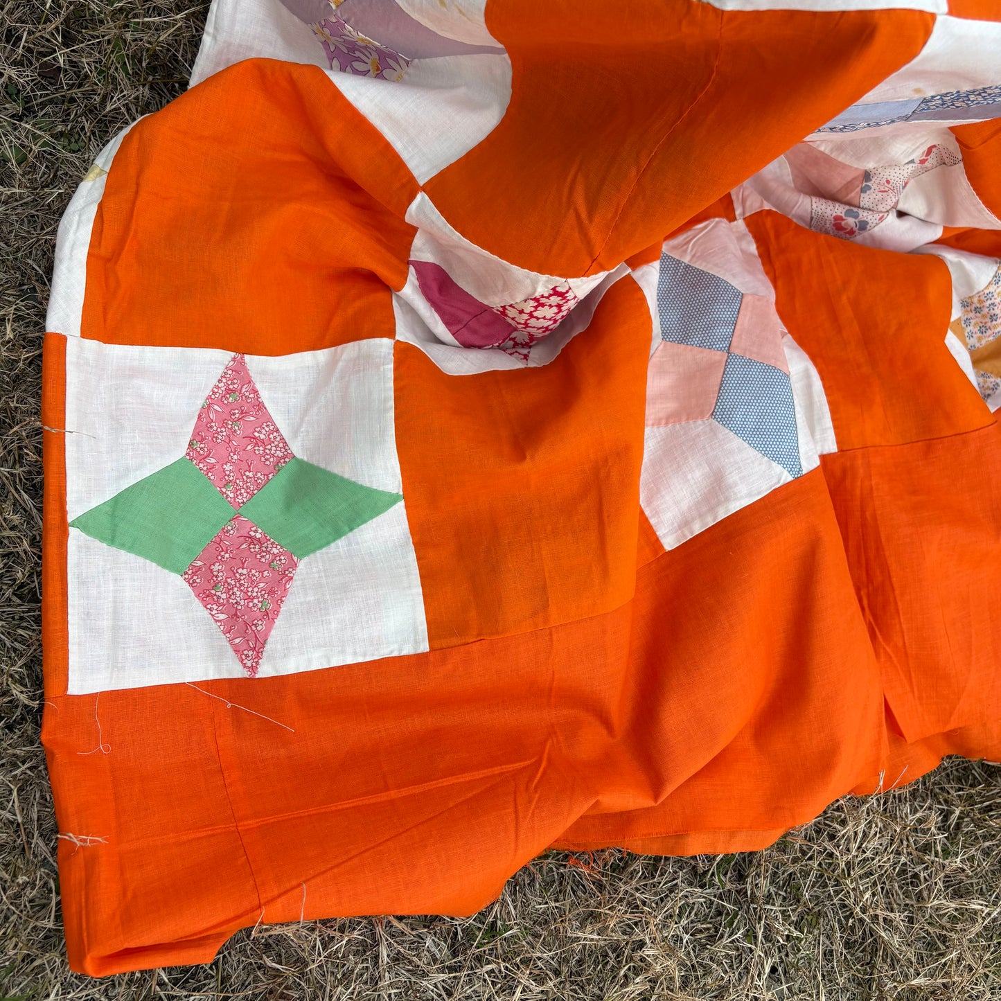 【1960s USA vintage】Orange Patchwork Quilt Top Fabric