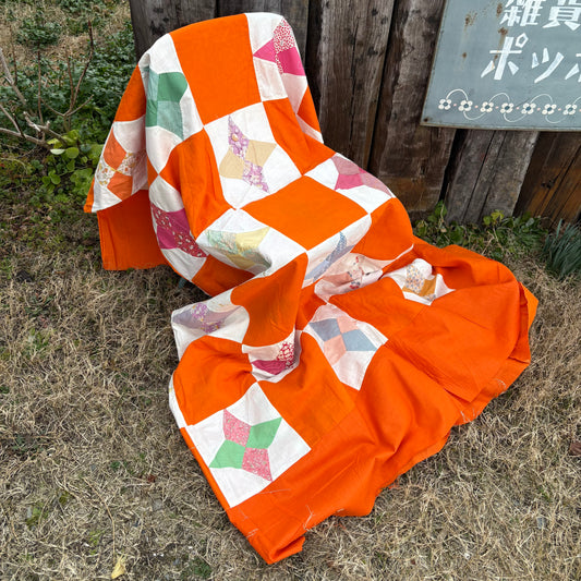 【1960s USA vintage】Orange Patchwork Quilt Top Fabric