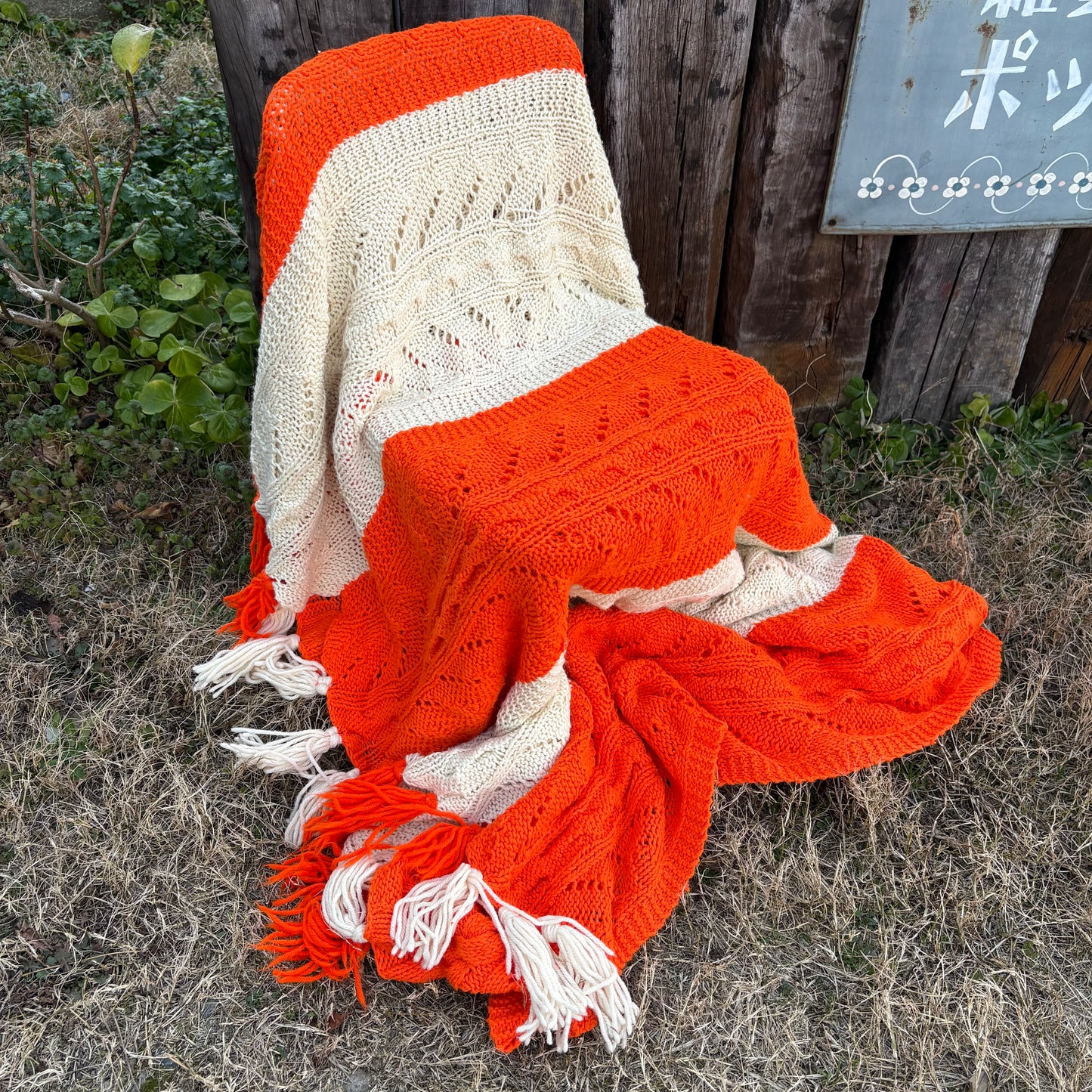 【USA vintage】granny blanket Orange & Ivory Knit