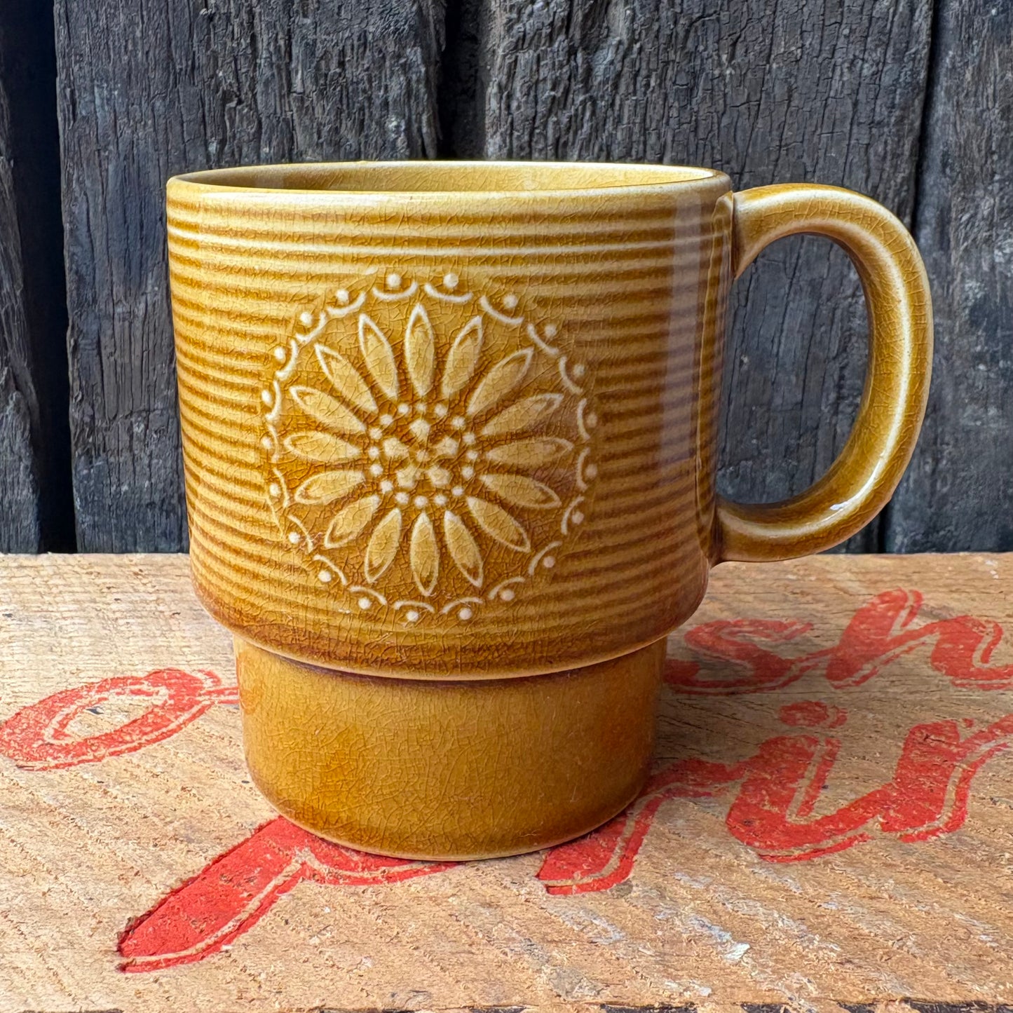 【1970s vintage】JAPAN stacking mug camel brown flower