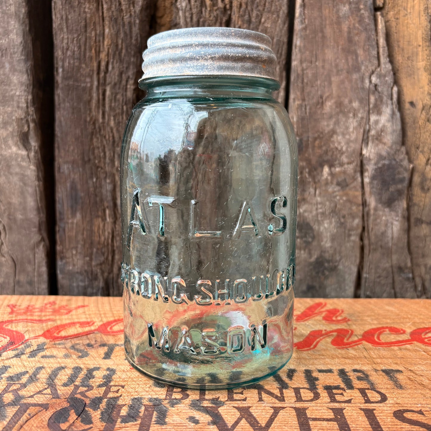 【1910s-1930s USA vintage】Hazel-Atlas ATLAS Strong Shoulder MASON Jar Glass Bottle