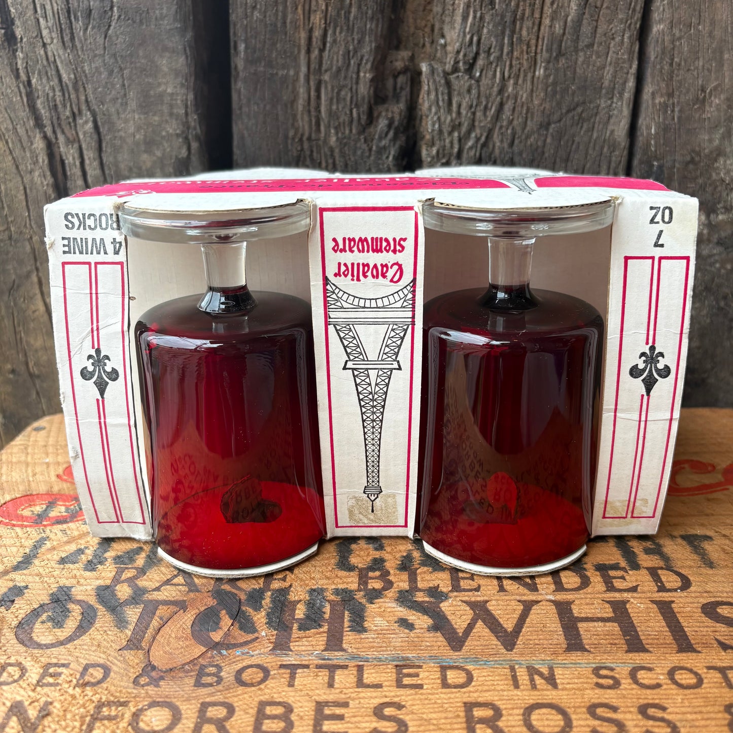 【1960s-1970s France Vintage】 J.G. Durand “Cavalier Stemware” Red Glass Set