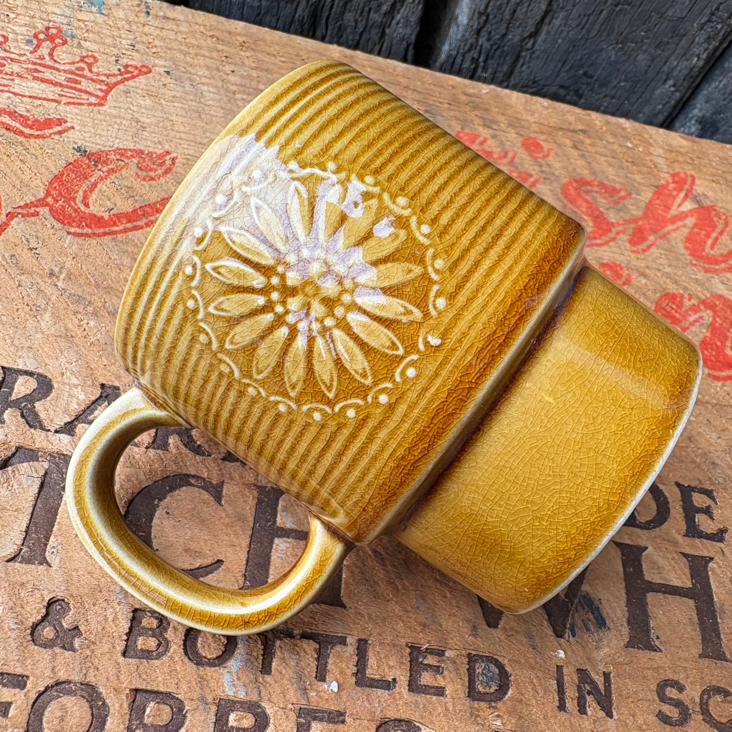 【1970s vintage】JAPAN stacking mug camel brown flower