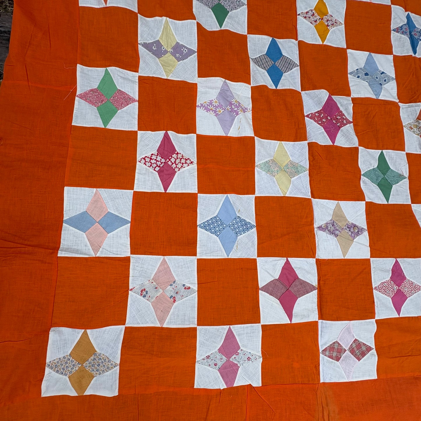 【1960s USA vintage】Orange Patchwork Quilt Top Fabric