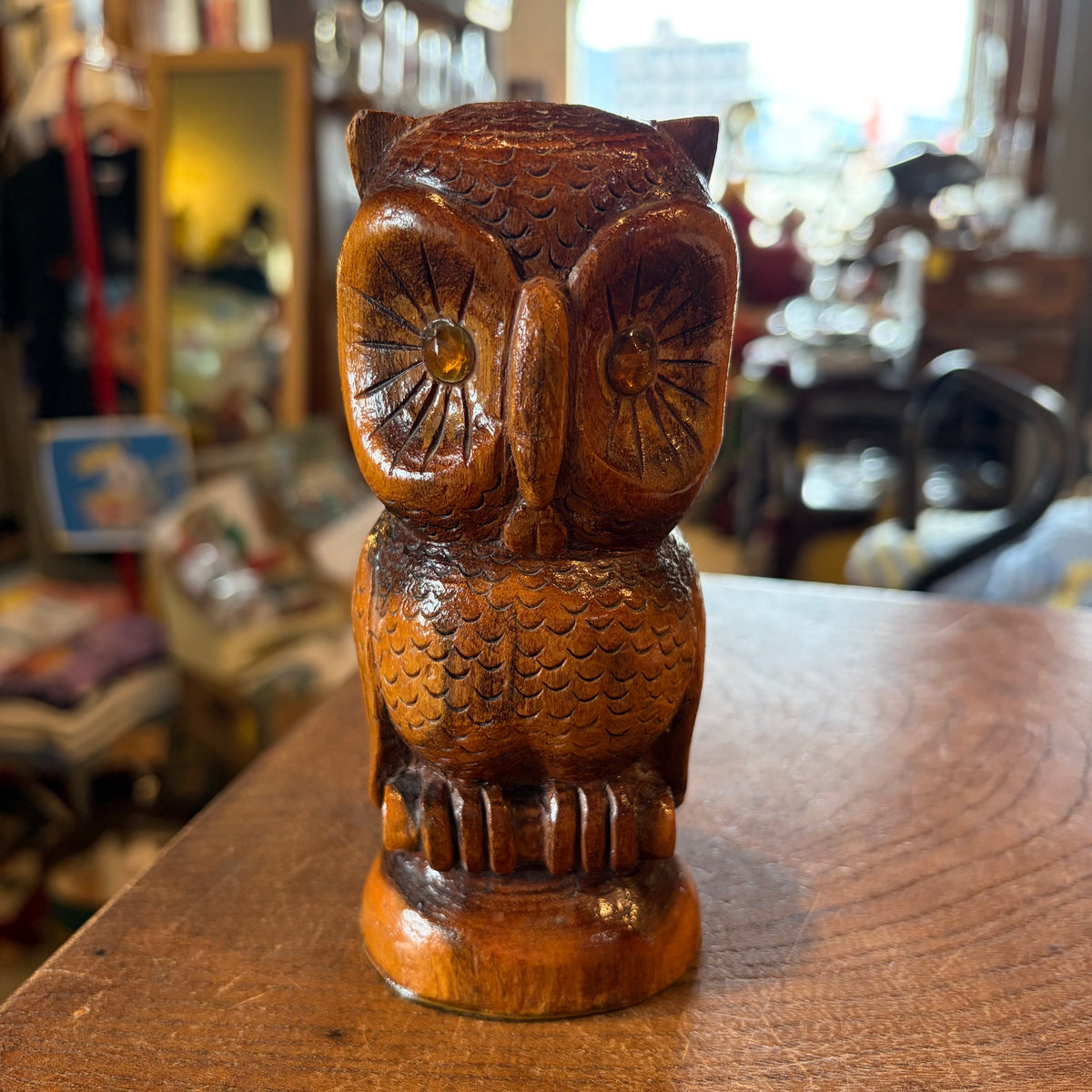【USA vintage】Hand Carved Wooden Owl Figurine