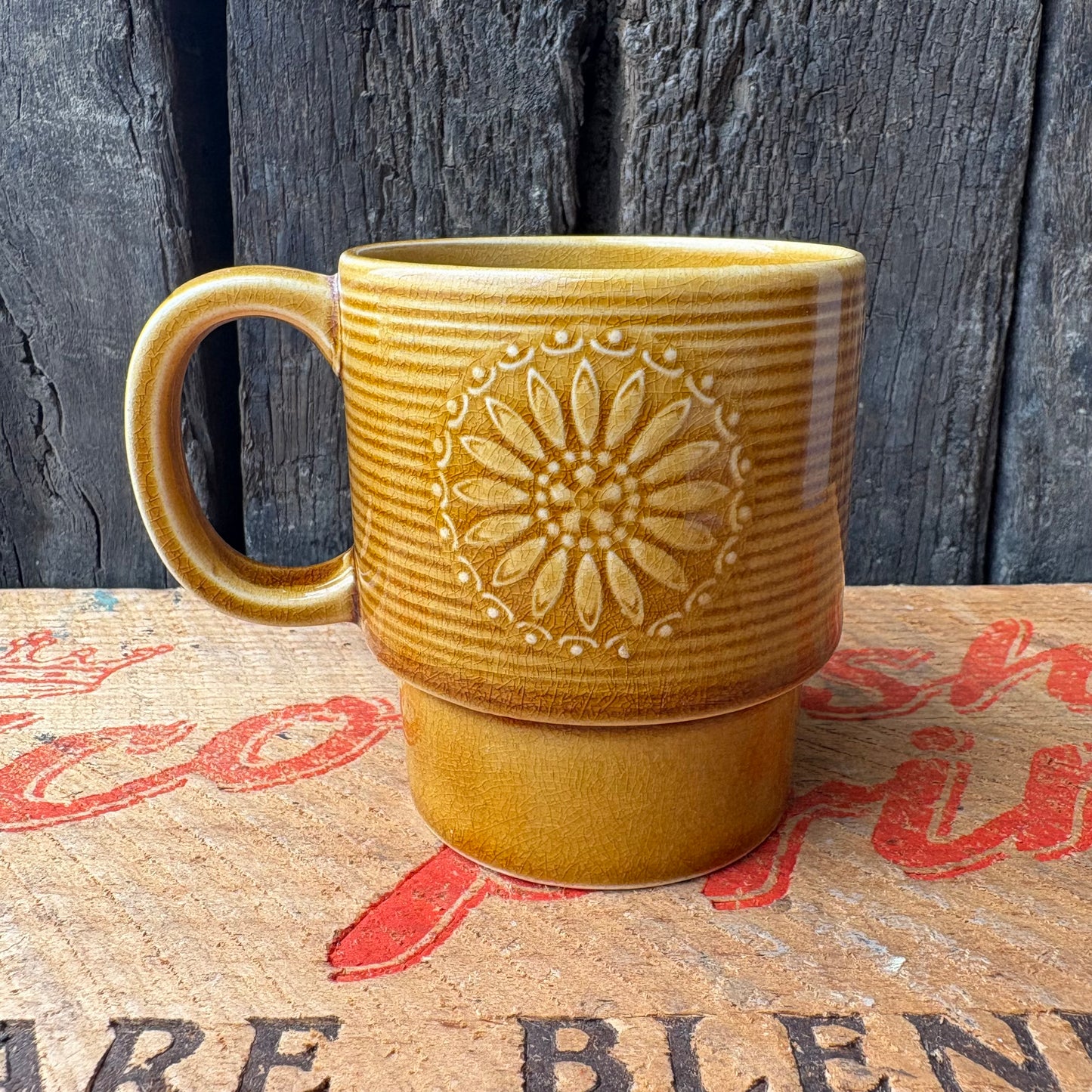 【1970s vintage】JAPAN stacking mug camel brown flower