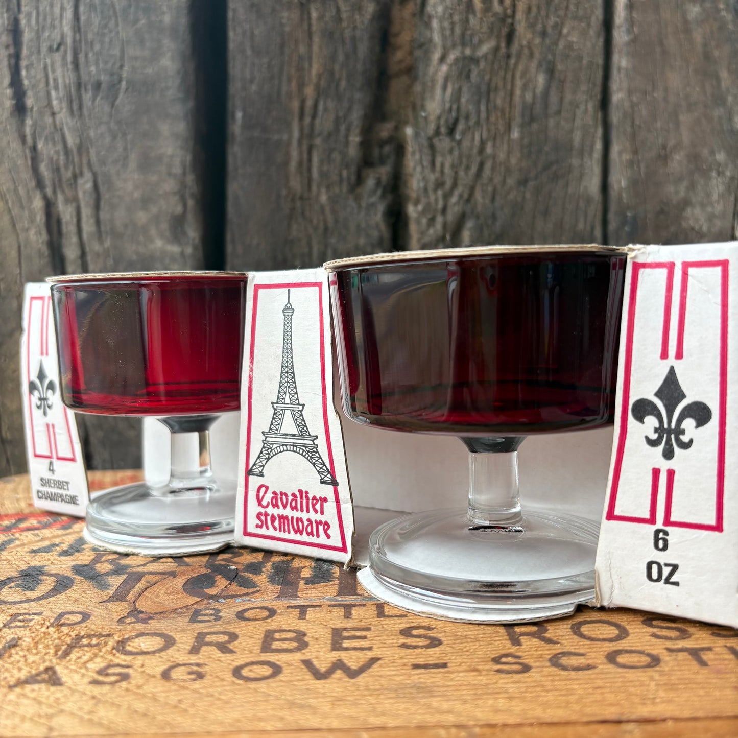 【1960s-1970s France Vintage】J.G. Durand “Cavalier Stemware” Red Glass Set