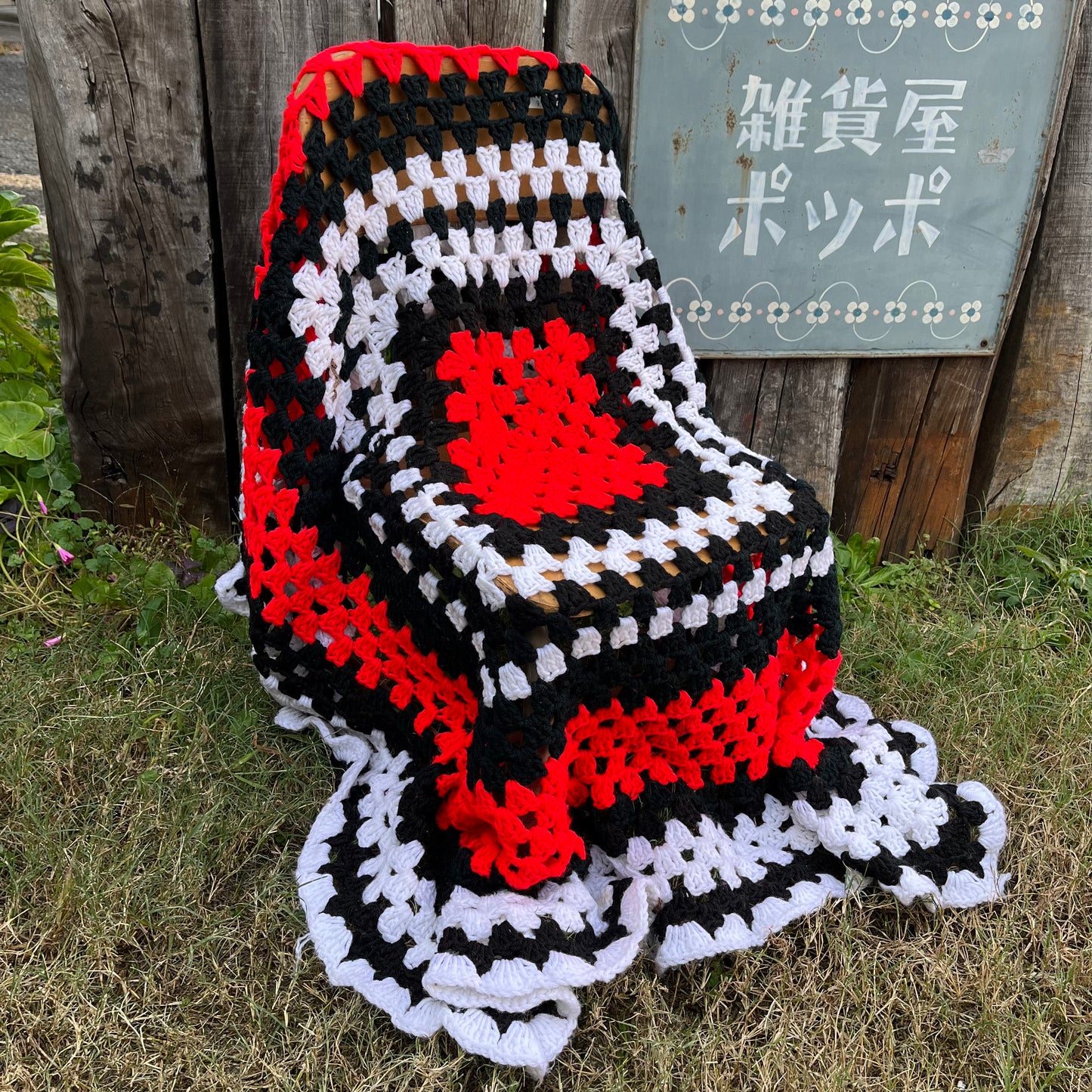 【USA vintage】granny blanket red × black ×white