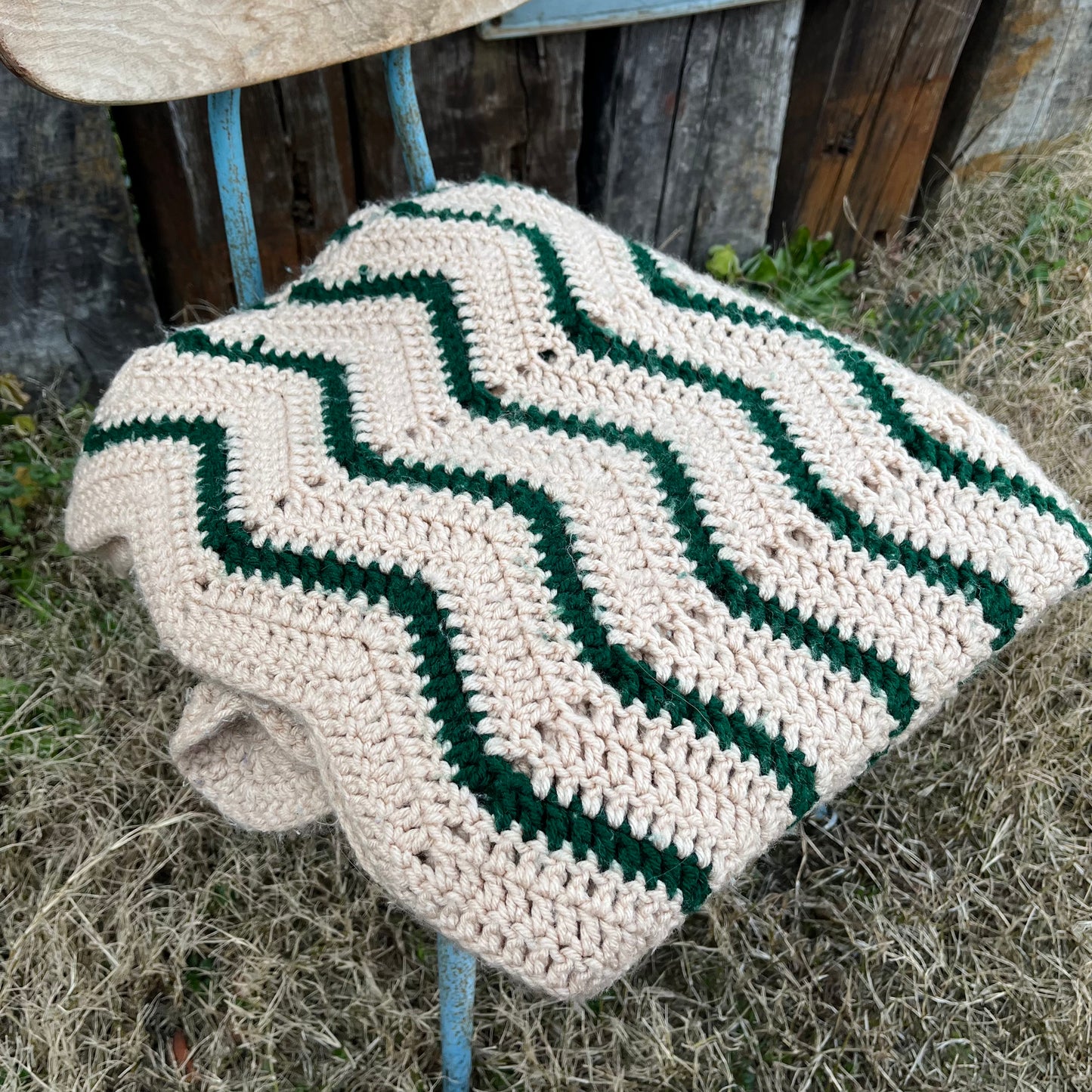 【USA vintage】granny blanket beige × green