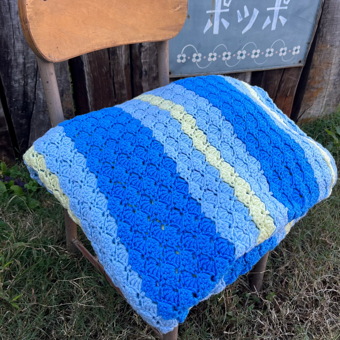 【USA vintage】granny blanket blue stripe