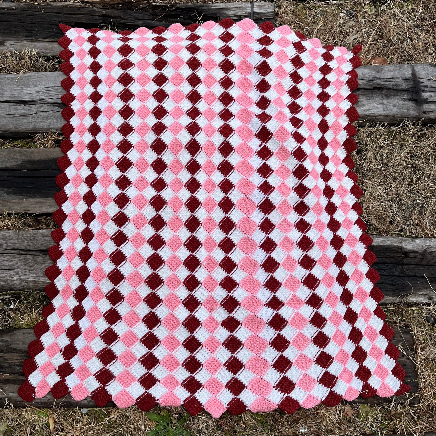 【USA vintage】granny blanket pink × white × bordeaux