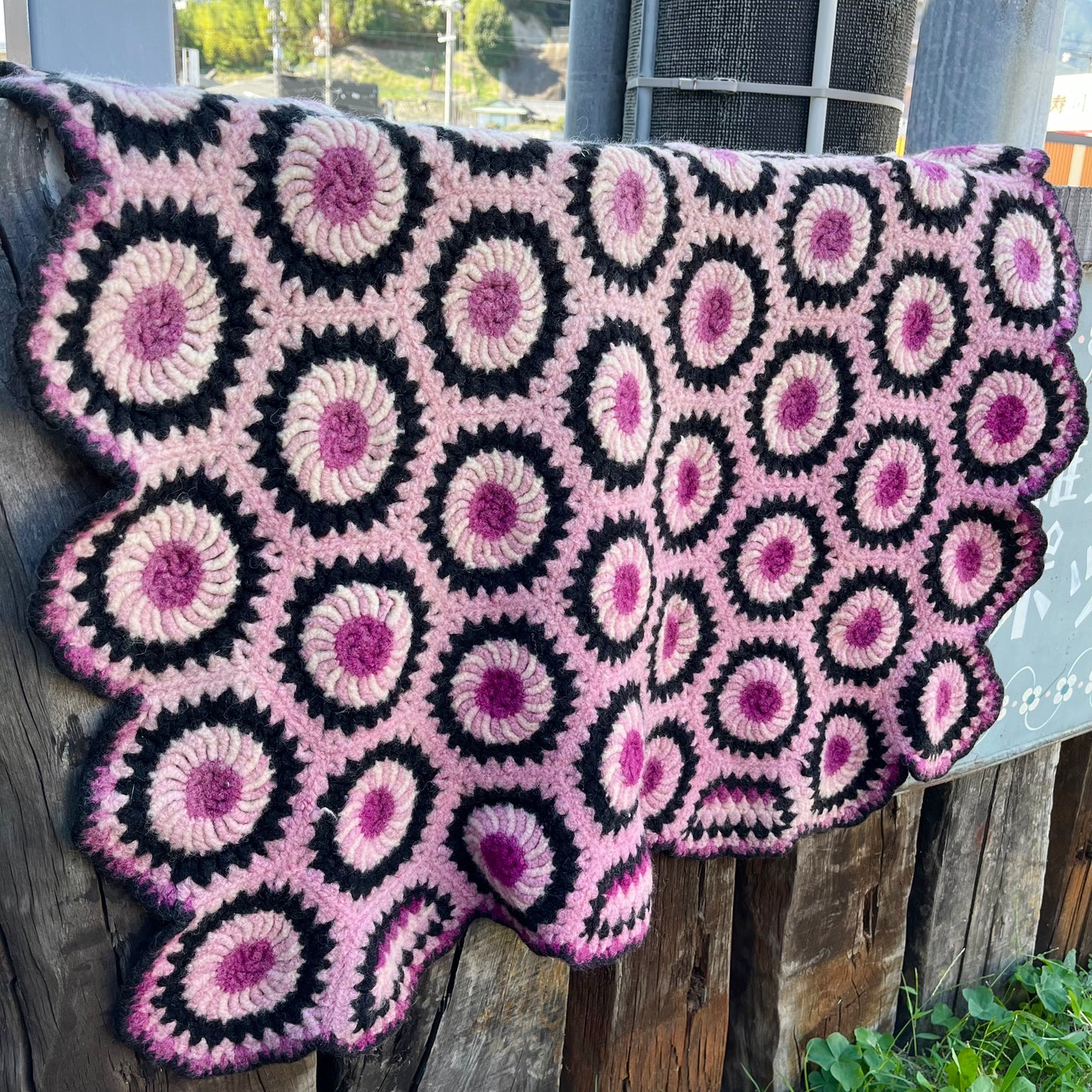 【USA vintage】granny blanket rug pink × black