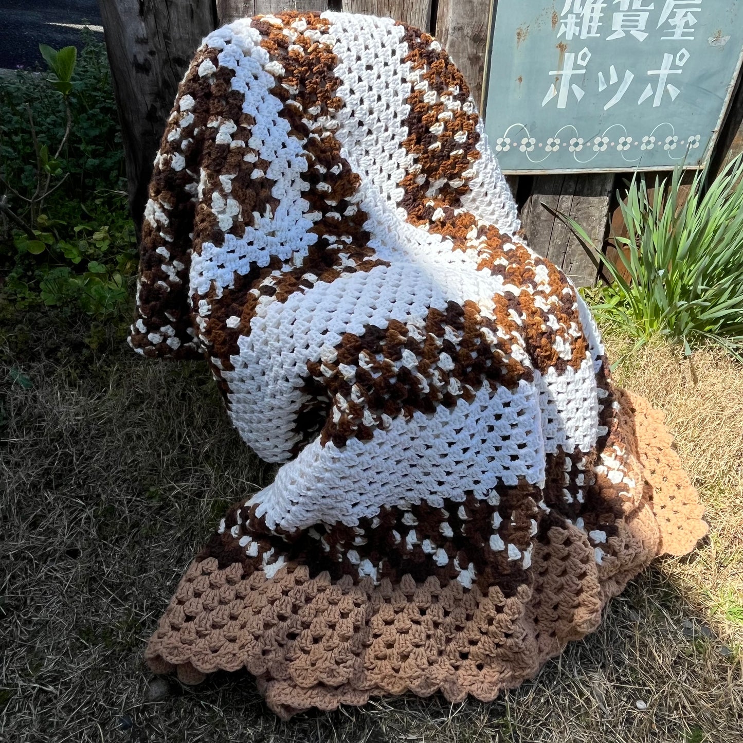 【USA vintage】Granny Blanket Brown × White
